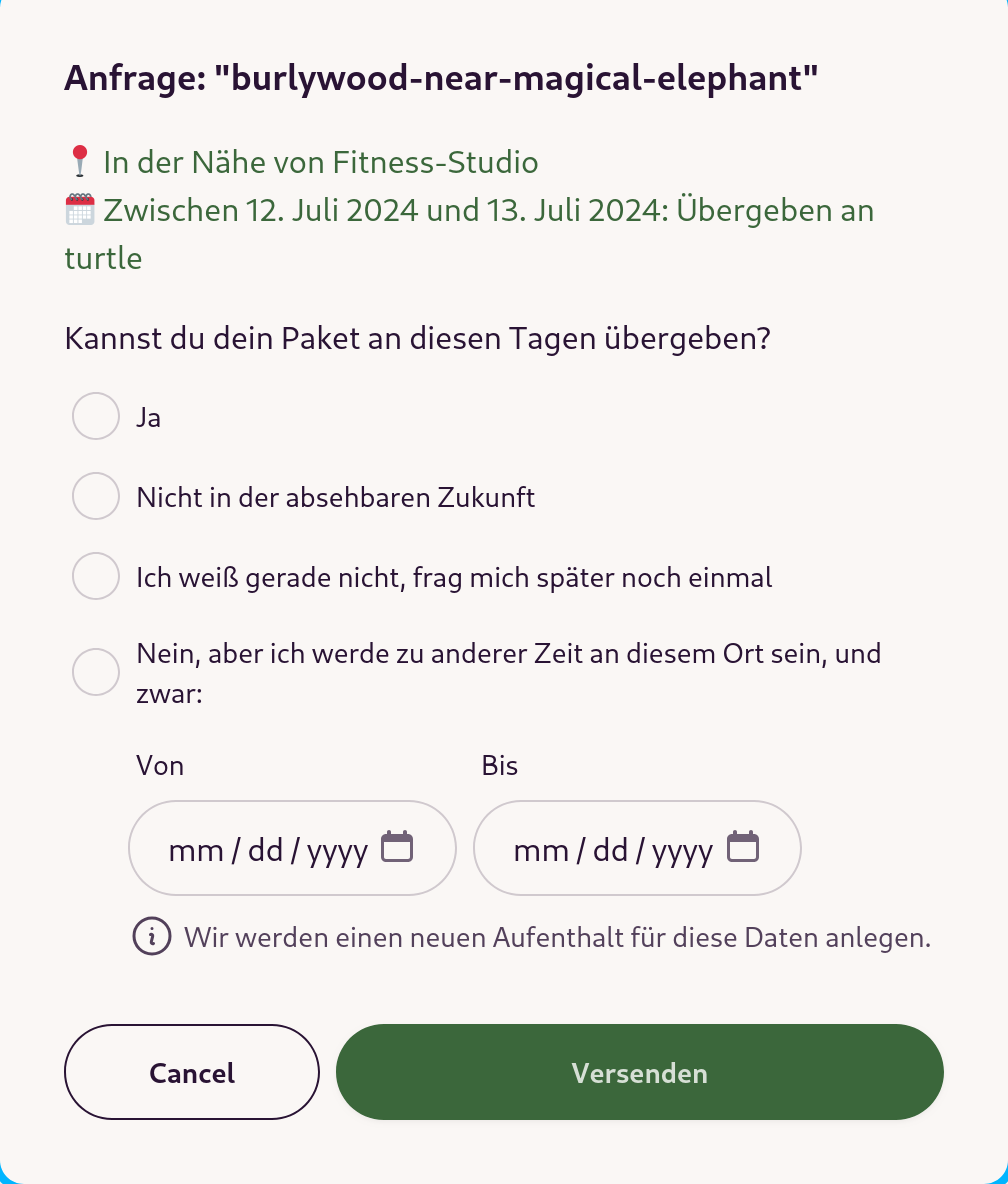 Bildschirmfoto der turtlemail App mit einer Zustellungsanfrage